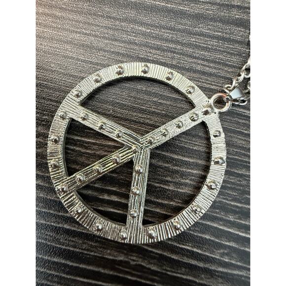 6/$25 Rhinestone Peace Sign Pendant Long Silver Tone Necklace - Picture 4 of 5